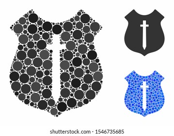 Guard shield mosaic of filled circles in different sizes and color hues, based on guard shield icon. Vector filled circles are organized into blue composition.