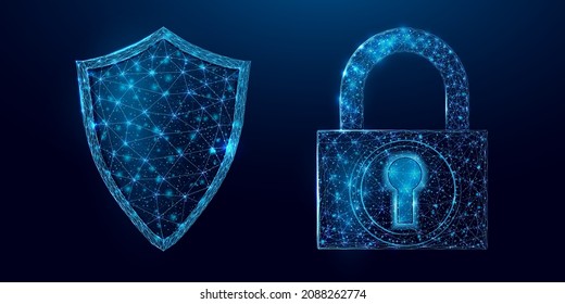 Guard shield and padlock. Cyber security concept with glowing low poly shield and lock on dark blue background. Wireframe low poly design. Abstract futuristic vector illustration.  