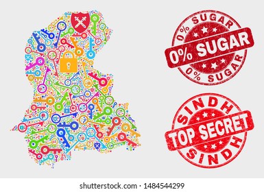 Guard Sindh Province map and stamps. Red rounded Top Secret and 0% Sugar scratched seals. Colorful Sindh Province map mosaic of different lock symbols. Vector combination for guard purposes.