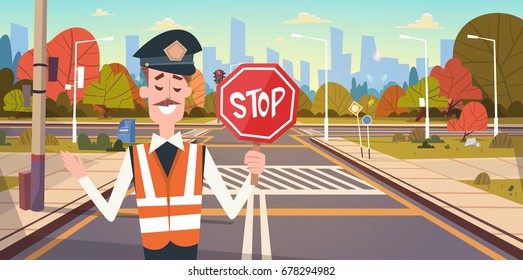 Guard With Stop Sign On Road With Crosswalk And Traffic Lights Flat Vector Illustration