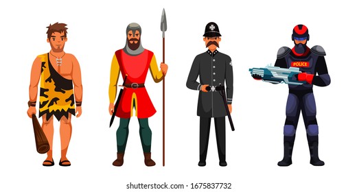Desarrollo de la guardia y la vigilancia en la escena de las caricaturas. Prehistórico, medieval, de siglo vulgar o moderno, guerrero futuro, hombre armado personaje con armas en el tiempo. Ilustración del vector