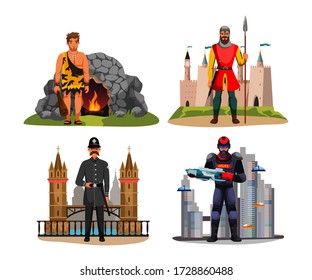 Desarrollo de la vigilancia y la guardia en el escenario de las caricaturas. Prehistórico, medieval, de siglo vulgar o moderno, futuro guerrero de carácter armado con un paquete de armas a tiempo. Ilustración del vector