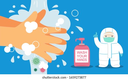 Guard teaches how to wash hands properly.Concept of illness prevention.Vector flat illustration.