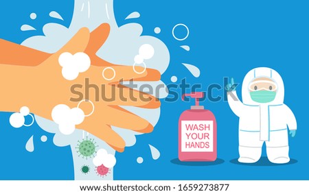 Guard teaches how to wash hands properly.Concept of illness prevention.Vector flat illustration.