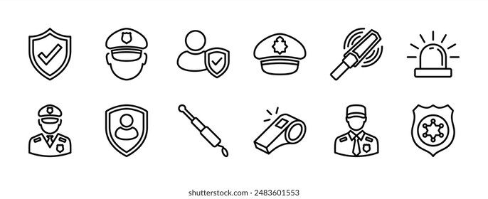 Guard thin line icon set. Containing shield protection with checkmark, hat police, security baton or stick, detector, alarm, whistle, badge, safety. Vector illustration