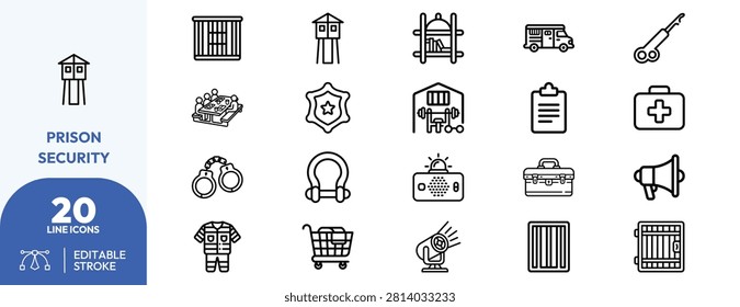 Guard tower, handcuffs, jail cell bars, surveillance camera, medical aid kit, prisoner uniform, security badge, gym equipment, clipboard with checklist, loudspeaker, toolbox, shopping cart, shackles, control panel, prison gate, and barricade for institutional security and operations planning.
