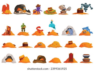 Guard treasure icons set cartoon vector. Defense cave fantastic. Animal coin fantasy