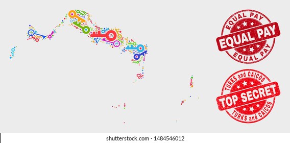 Guard Turks and Caicos Islands map and seals. Red round Top Secret and Equal Pay scratched seals. Colored Turks and Caicos Islands map mosaic of different guard icons.