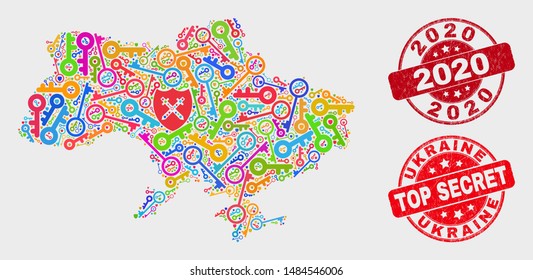 Guard Ukraine map and seal stamps. Red round Top Secret and 2020 distress seal stamps. Colored Ukraine map mosaic of different registration elements. Vector combination for security purposes.