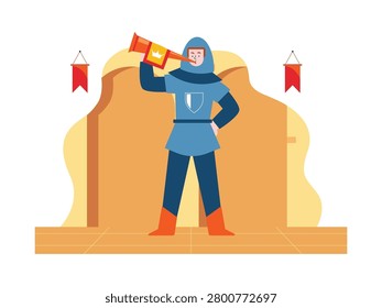 A guard wearing a blue, medieval style uniform is standing and blowing a golden trumpet in front of the palace. Character design. Vector flat illustration