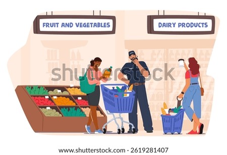 Guard working at supermarket fruit vegetables and dairy products department controlling safety while women buyer choosing food cartoon scene. Professional security service at shop vector illustration