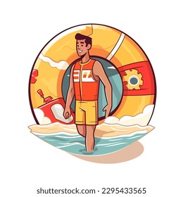 Guarded beach. Lifeguard watching swimming pool. cartoon vector illustration. label, sticker, t-shirt printing