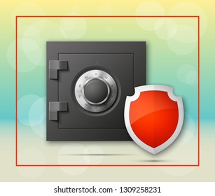 Guarded safe box, credit card, shield banner. Reliable Protection advertising poster shield, bank card, strongbox icon. Plastic card protect shield banking money icon.Debit card chip safe icon