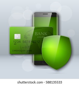 Guarded Smartphone & credit card banner. Reliable Protection advertising poster phone & bank card icon. Communicator PDA Electronic money funds. Hendy Plastic card. Shield banking icon.Debit card chip