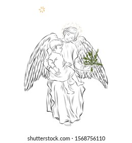 Guardian angel with baby keeps spruce branch. Biblical heavenly symbol of man with wings. Retro clip art for Christmas, Easter and other religious holidays. Illustration for children's tales. 