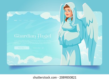 Guardian angel banner with saint archangel with wings in heaven. Vector landing page of holy protection with cartoon illustration of woman angel character on background of sky with clouds