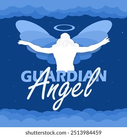 Guardian Angel Day on October 2nd. Illustration of an angel with wings and holy ring above clouds on dark turquoise background