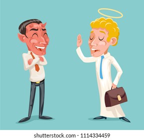 Guardian angel devil businessman wise caution tutelar proud clever winner demon character cartoon design vector illustration