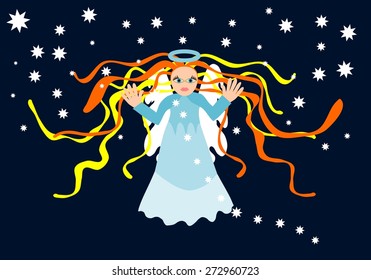 Guardian angel figure on dark black background with stars
