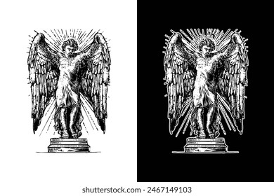 a guardian angel, hand drawn woodcut engraving style vintage antique vector illustration