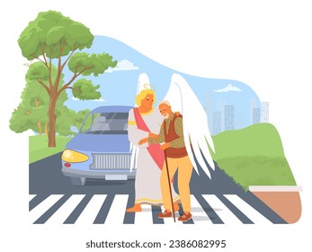 Guardian angel helping senior man with walk stick across road vector illustration. Holy keeper protecting elderly male citizen from busy city traffic, offering support and assistance