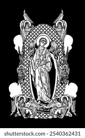 Guardian Angel. Illustration with angels and seraphim in heaven black and white in Byzantine style