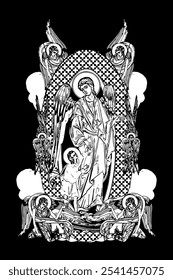 Guardian Angel. Illustration with angels and seraphim in heaven black and white in Byzantine style