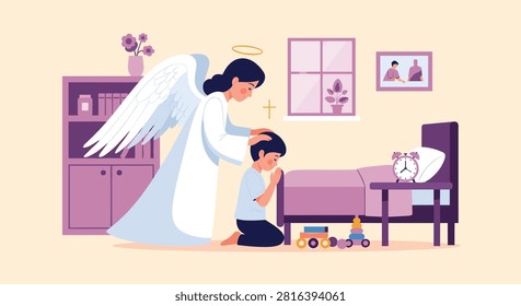 Guardian angel with large white wings watching over a young boy kneeling in silent prayer next to his purple bed.