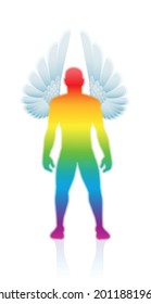 Guardian angel, male guardian spirit, rainbow gradient colored body with angel wings. Isolated vector illustration on white background.
