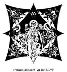 Guardian Angel on cross dome with 4 apostles, angels and seraphim. Ink illustration black and white in Byzantine style isolated