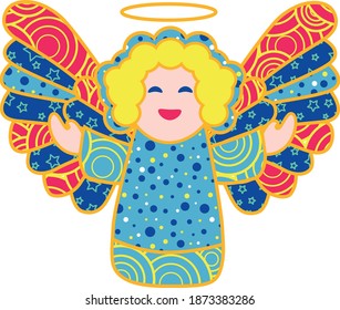Guardian angel in patchwork style, color vector illustration with patterns. Kind angel in mosaic style