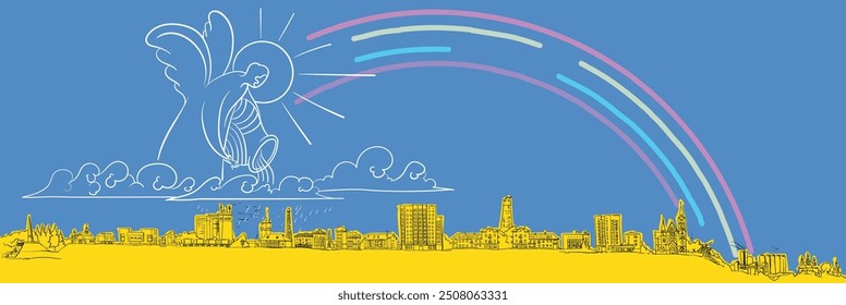 A guardian angel pouring his blessing on a small town under a rainbow	
