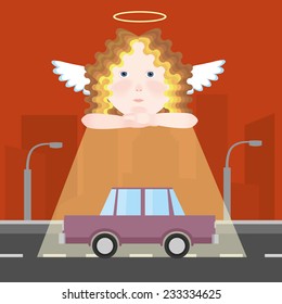 Guardian angel protects car. Vector
