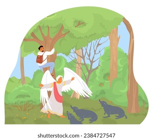 Guardian angel saving man hiker tourist from mad aggressive wild wolves in forest woodland vector illustration. Celestial safeguard protection from accident