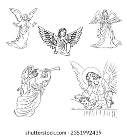 the guardian angel to sleep  the angel trumpeted  the proud angel  Outline vector images eps 10