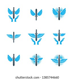Guardian angel vector conceptual emblems collection, graphic illustrations for use in religious organizations