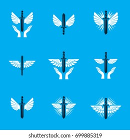 Guardian angel vector conceptual emblems collection, graphic illustrations for use in religious organizations