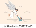 Guardian angel with wings saves drowning man, is in trouble and in need of god salvation. Angel descended from heaven to save pious man who read prayer and asked for support or help.