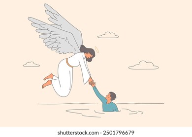 Guardian angel with wings saves drowning man, is in trouble and in need of god salvation. Angel descended from heaven to save pious man who read prayer and asked for support or help.