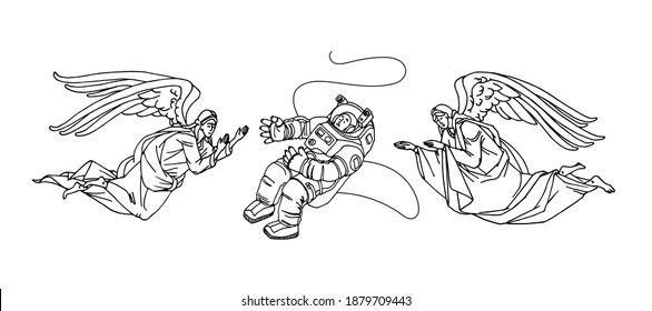 guardian angels rescue an astronaut in outer space, vector illustration with black contour lines isolated on a white background in a hand drawn and cartoon style