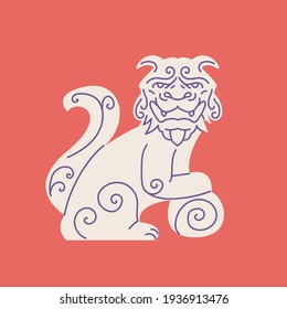 Guardian Asian dog statue flat cartoon illustration. Traditional Komainu dog, ancient Japanese culture banner design. Mythology ornamental China background
