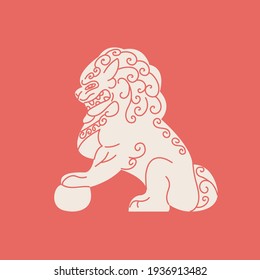 Guardian Asian dog statue flat cartoon illustration. Traditional Komainu dog, ancient Japanese culture banner design. Mythology ornamental China background