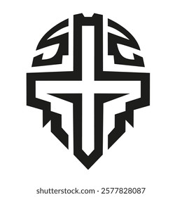 Guardian Cross – a monochrome shield-shaped logo with a central cross and a helmet at the top, symbolizing strength, protection, and minimalist rigor