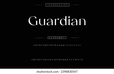 Guardian Elegant Font Uppercase minúsculas y número. Diseños de moda mínimos con letras clásicas. Tipografía moderna de serif con el concepto de vintage decorativo regular. ilustración vectorial