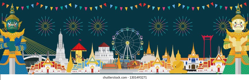 Guardian Giant. Celebrate in Bangkok night and across Thailand with attractions, landmark. Vector illustration 