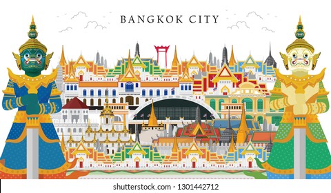 Guardian Giant in Thailand and Bangkok Grand Palace. Vector illustration 