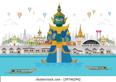 Guardian Giant in Thailand and Bangkok Grand Palace. Vector illustration