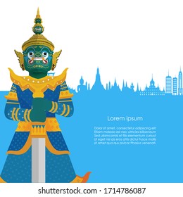 Guardian Giant in Thailand with Blue landmarks background. Vector illustration