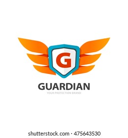 Guardian protection logo isolated on white background, flat wings with shield and letter G emblem, concept of protect symbol, security logotype element, creative trendy brand design