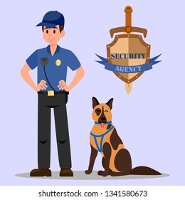 Guardian and Service Dog Flat Vector Illustration. Policeman with Walky Talky and K-9 Dog Cartoon Characters. Security Agency Shield Emblem with Lettering. Property Protection Color Drawing